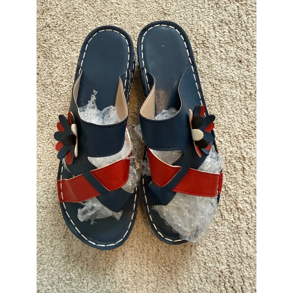 Bunion Corrector Navy & Red Leather Flower Wedge Sandals‎ Size 38 EU Gently Worn